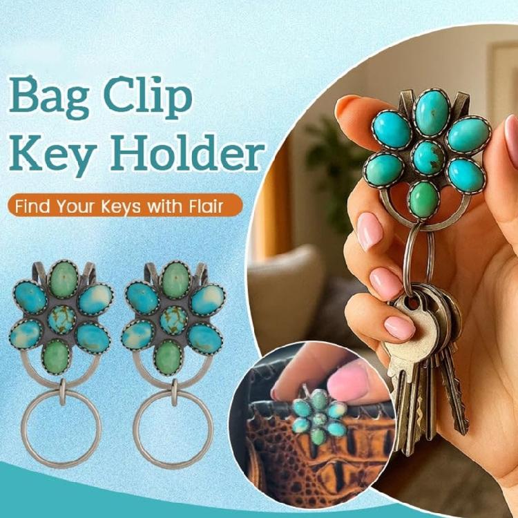 Single Handed Key Clip Holder Turquoise Flower Alloy Keychain Bag Hook Purse Organiser Decoration Pendant