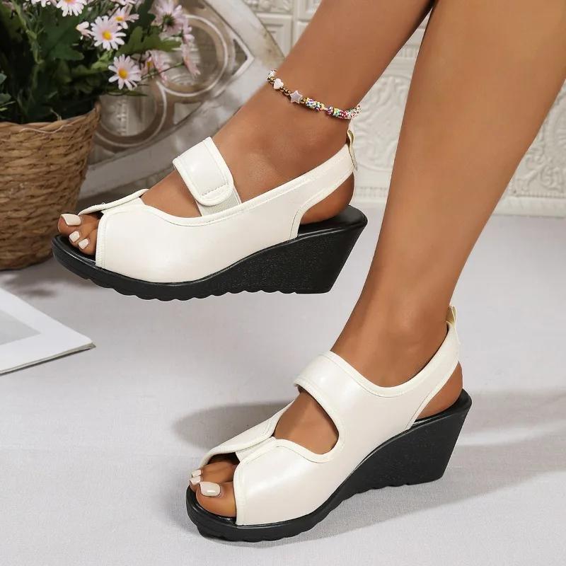 2025 Summer Peep Toe Women's Sandals Elastic Band New Casual Comfortable Plus Size Best Seller Wedge Sandals Zapatos