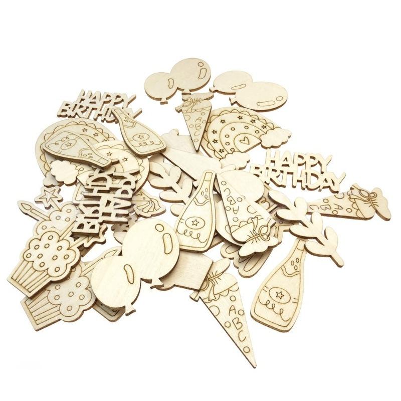 

50PCS Unfinished Wood Birthday Party Baptism Balloon Champagne Rainbow Lucky Star Cutouts Ornaments to Paint for Craft Projects 50mm(1.97inch)