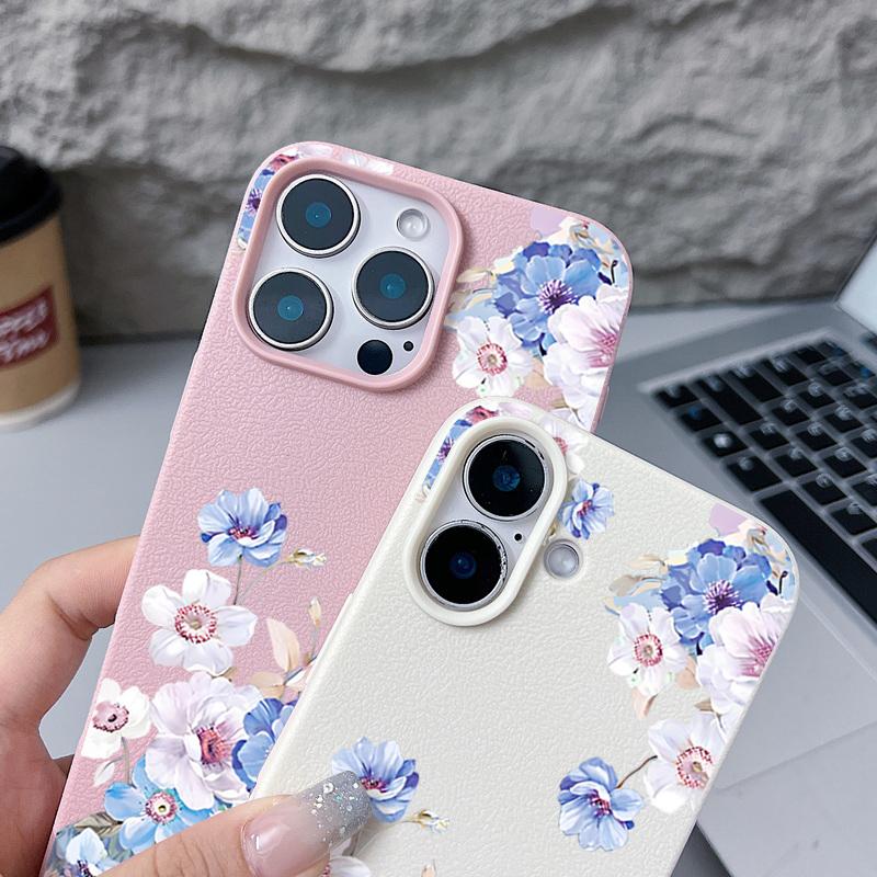 Flower Patterned Phone Case For iPhone 17 Air 16 15 14 Pro Max 13 12 Pro 11 17 16e Shockproof Soft Silicone Leather Texture Cover
