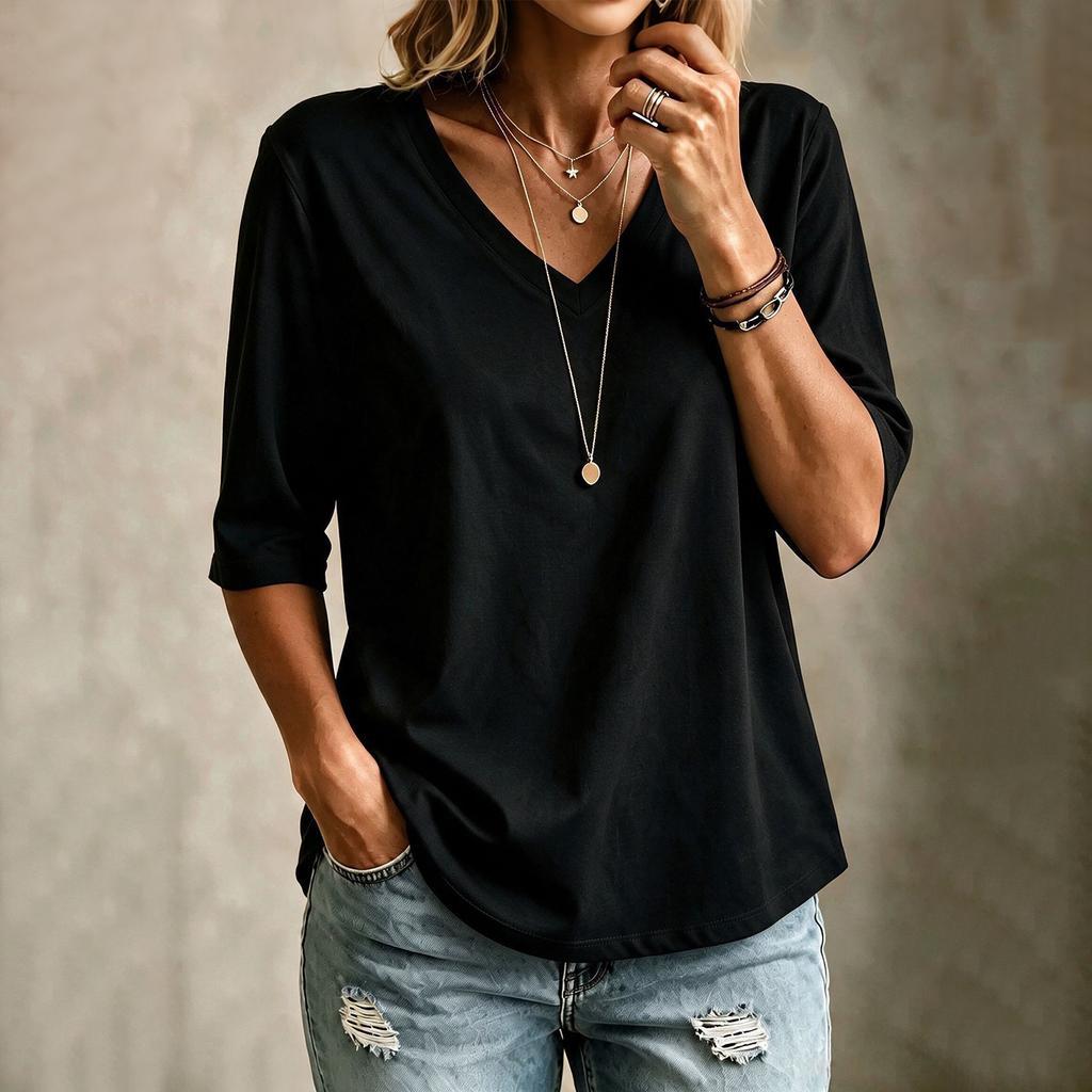 Women's V-Neck T-Shirt Short Sleeve Casual Fit Versatile