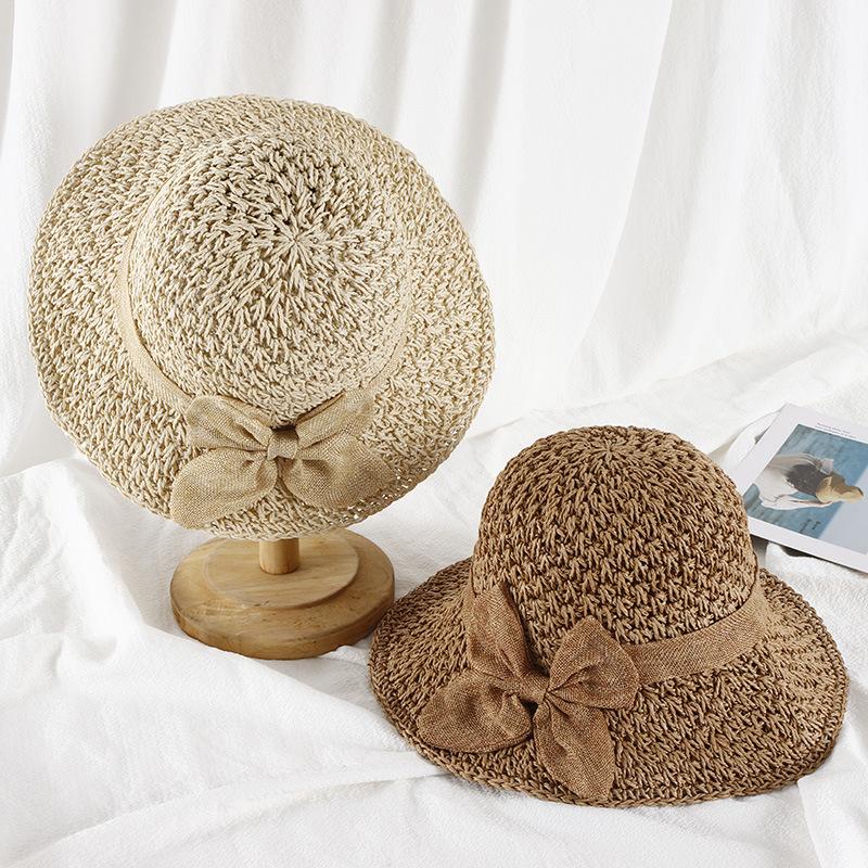 Handmade Women's Straw Panama Hat with Bowknot Detail - Foldable Wide Brim UV-Protected Sun Cap for Summer Beach