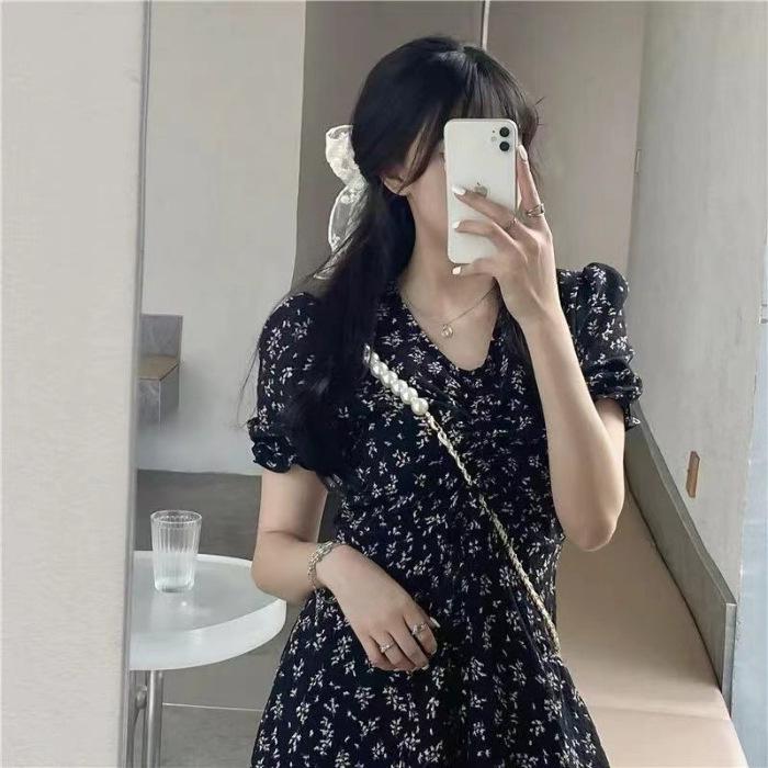 2024 Elegant Floral Midi Dress: Slimming A-Line with Waist-Cinched, Tummy-Concealing Design 2XL чёрный