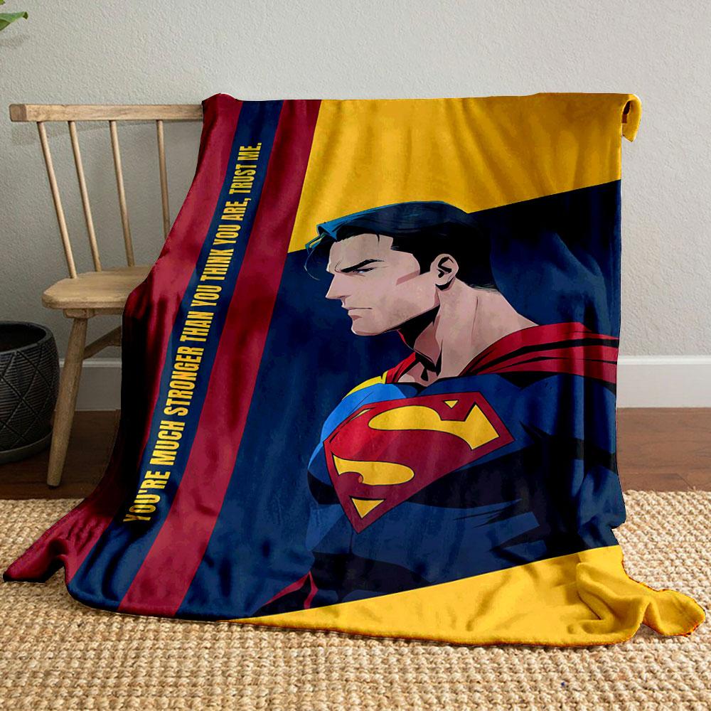 Comic-style superhero with red, blue, and yellow design elements. for all seasons blanket lunch break throw gift