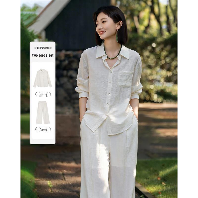Demana Women's Linen Blend Lapel Shirt & Wide-Leg Pants Set