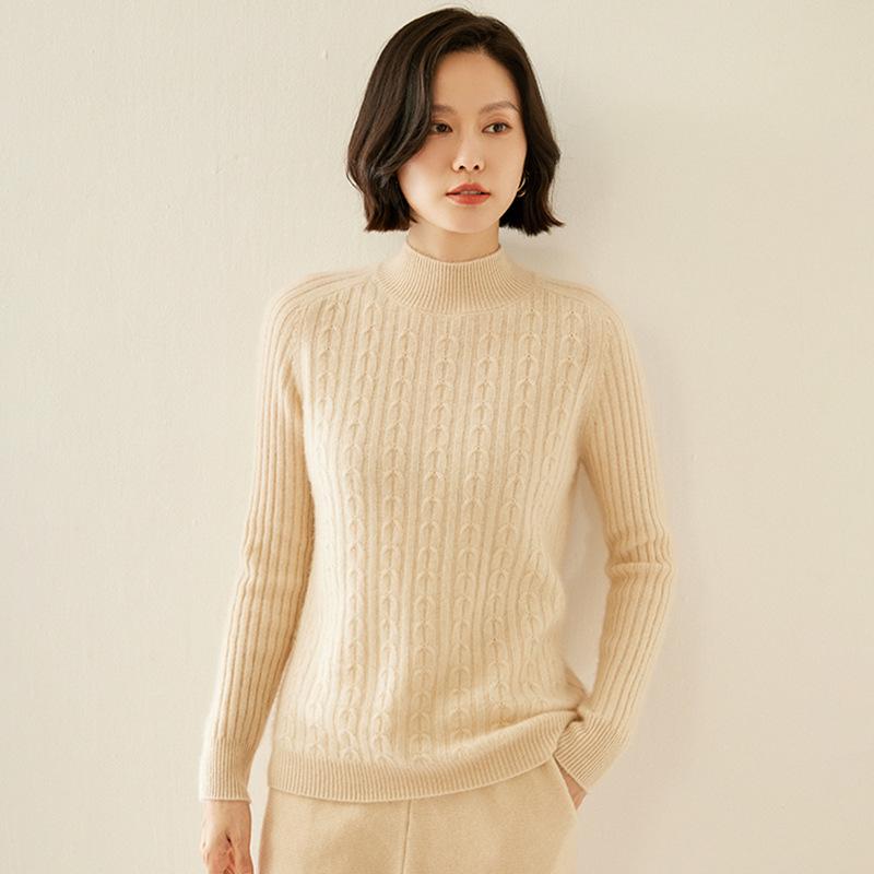 Women's Retro Cable-Knit Cashmere Half-Turtleneck Sweater - Autumn/Winter Base Layer, Solid Color