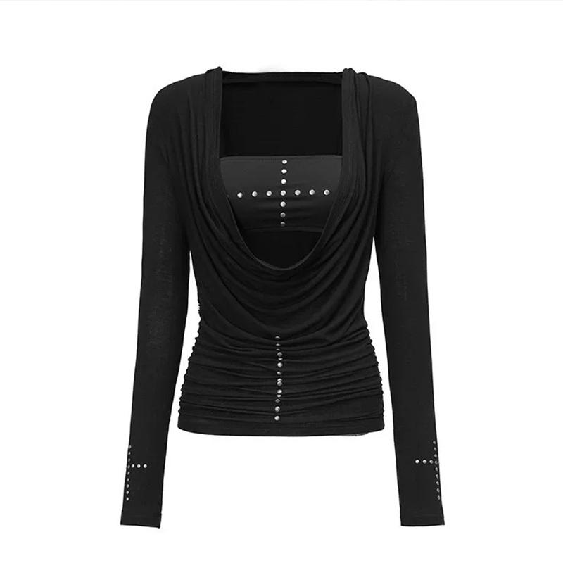 

2KWEIRD Y2k Панк Топы из двух частей Необычные топы с заклепками + Майка без рукавов Уличная одежда Американский Ретро 90-е Черные Футболки Топы E-girls S чёрный