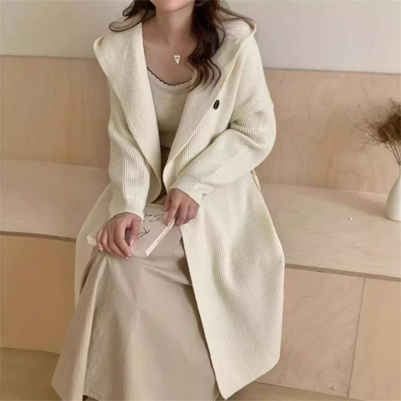 Autumn and Winter New Temperament Hooded Knitted Cardigan Coat Women's Medium and Long Loose and Thin Sweater Jacket