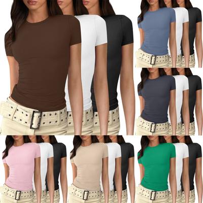 Womens Summer Basic Slim Fit Tops 3 Piece Short Sleeve  Neck Tight T Shirts