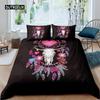 Cow Skull Bed Cover Queen Size Sunflower Cattle/Bull Skeleton Bed Linen Package Botanical Floral Leaves Boho Tribal Polyester Fabric Quilt Cover