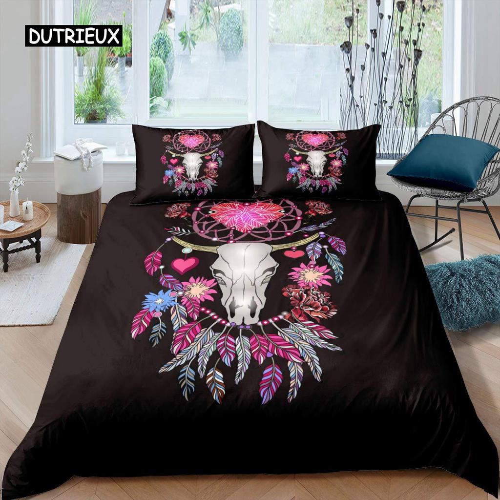 Cow Skull Bed Cover Queen Size Sunflower Cattle/Bull Skeleton Bed Linen Package Botanical Floral Leaves Boho Tribal Polyester Fabric Quilt Cover
