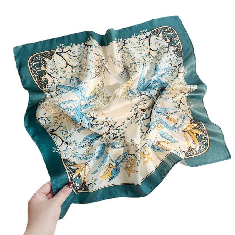 Spring new elegant green color leaf plain crepe satin silk printed silk scarf women's mulberry silk small square scarf silk gift