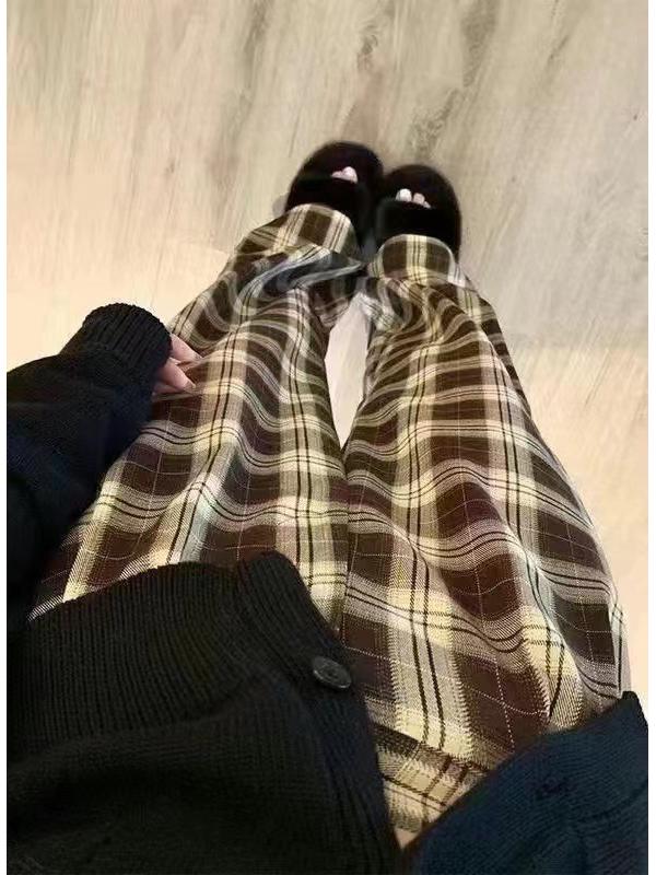 Damen Hochtaillierte Fleecegefütterte Woll-Plaid Weitbeinige Hose