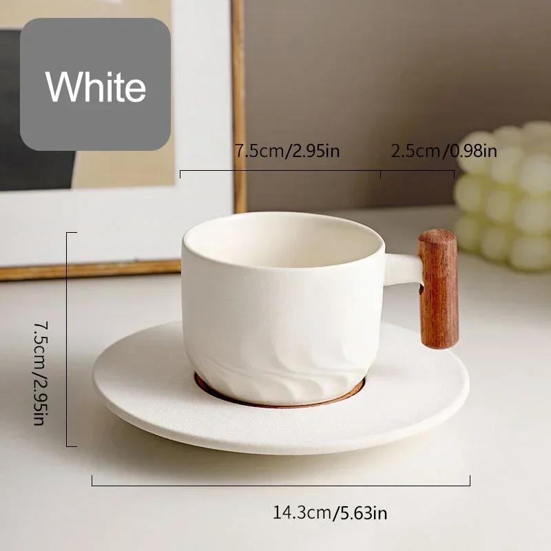 Creative Handmade Vintage Coffee Cup with Saucer Set Exquisite Wooden Handle Ceramic Mugs Light Luxury Breakfast Milk Tea Cups