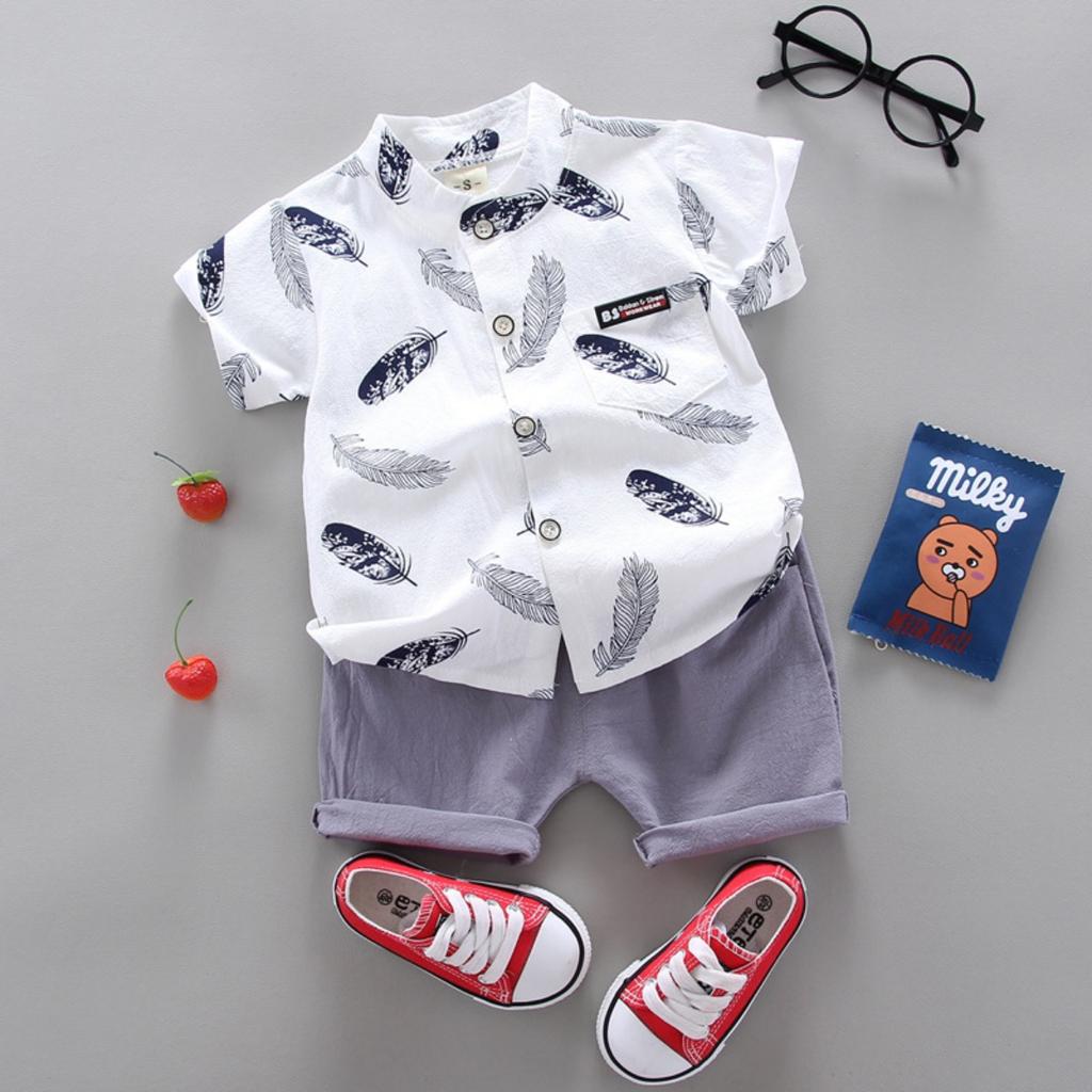 Summer Printed Pyramid Shirt Short Sleeved Shorts Set for Male and Female Infants and Young Children