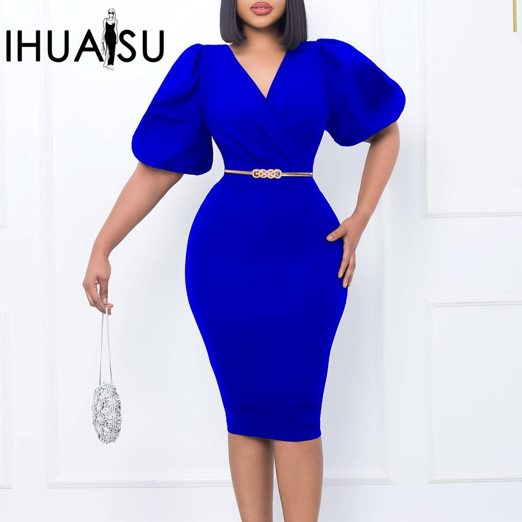 IHUASU Women's Summer Short Sleeve V-Neck Bubble Sleeve V-neck Bag Hip Professional OL Temperament Tong Le High Waist Dress