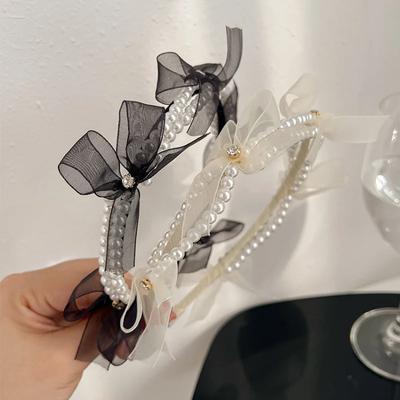 Designer Mesh Bow Hairband French Retro Black White Hair Clips Pearl Headband Hair Hoops Holder Women's Hair Accessories