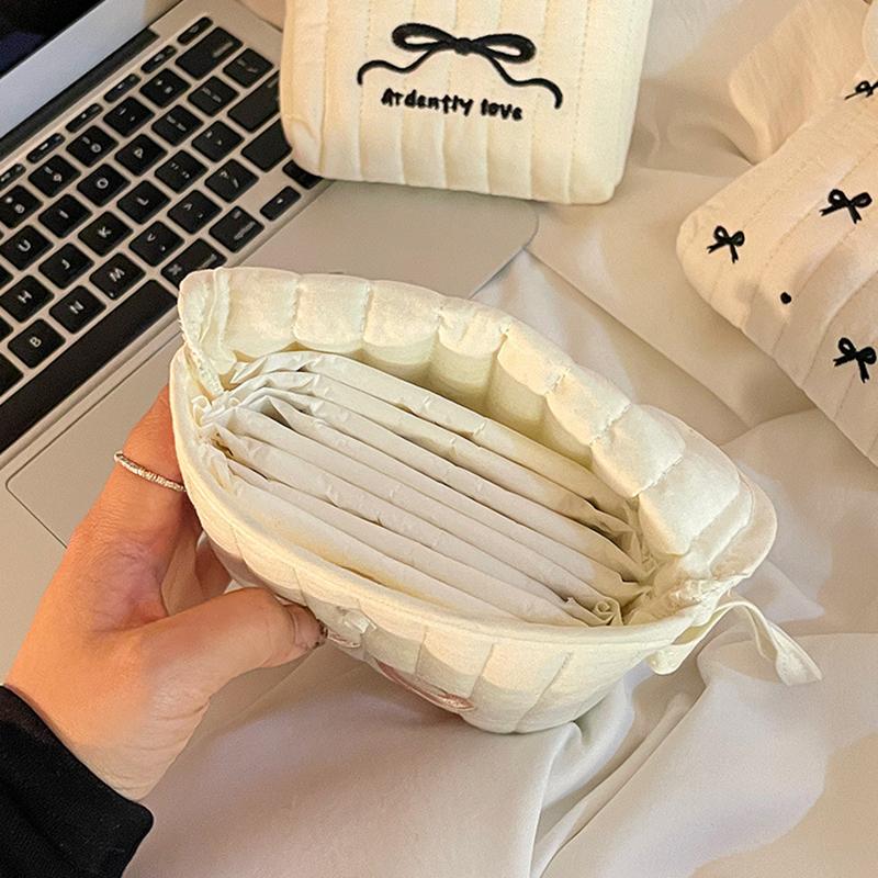 Large Capacity Embroidery Cosmetic Bag Menstruation Towel Storage Bowknot Bow Makeup Bag Small Item Bag Cotton Cloth