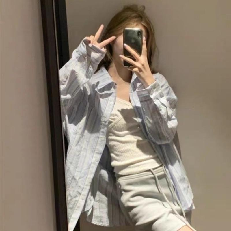 Ladies' Striped Shirt Women's Turn Down Collar Long Sleeved Blouse Summer New Version Korean Style Loose Versatile Casual Top