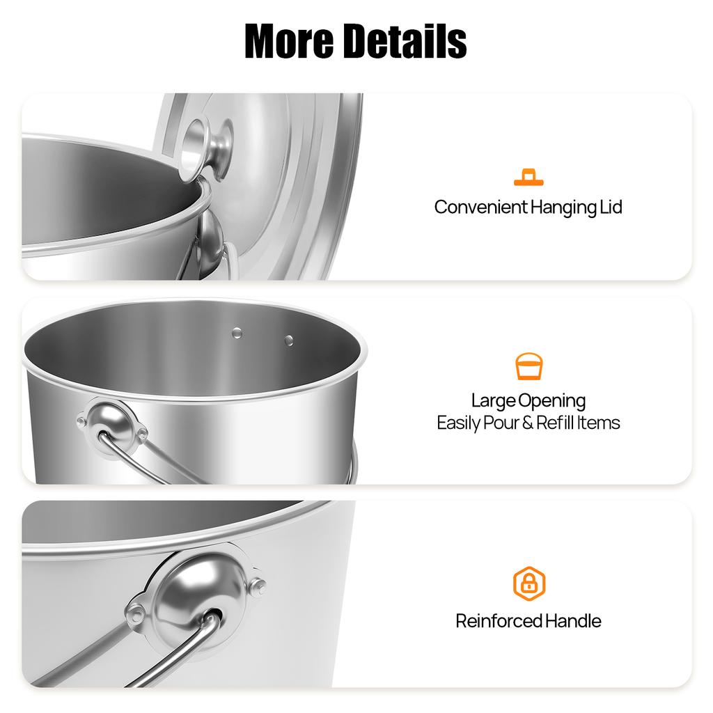 Commercial Heavy Duty 20L Stainless Steel Bucket with Lid,304 Grade Ice Food Storage Pail,Thickened Large Capacity & Free Scoop