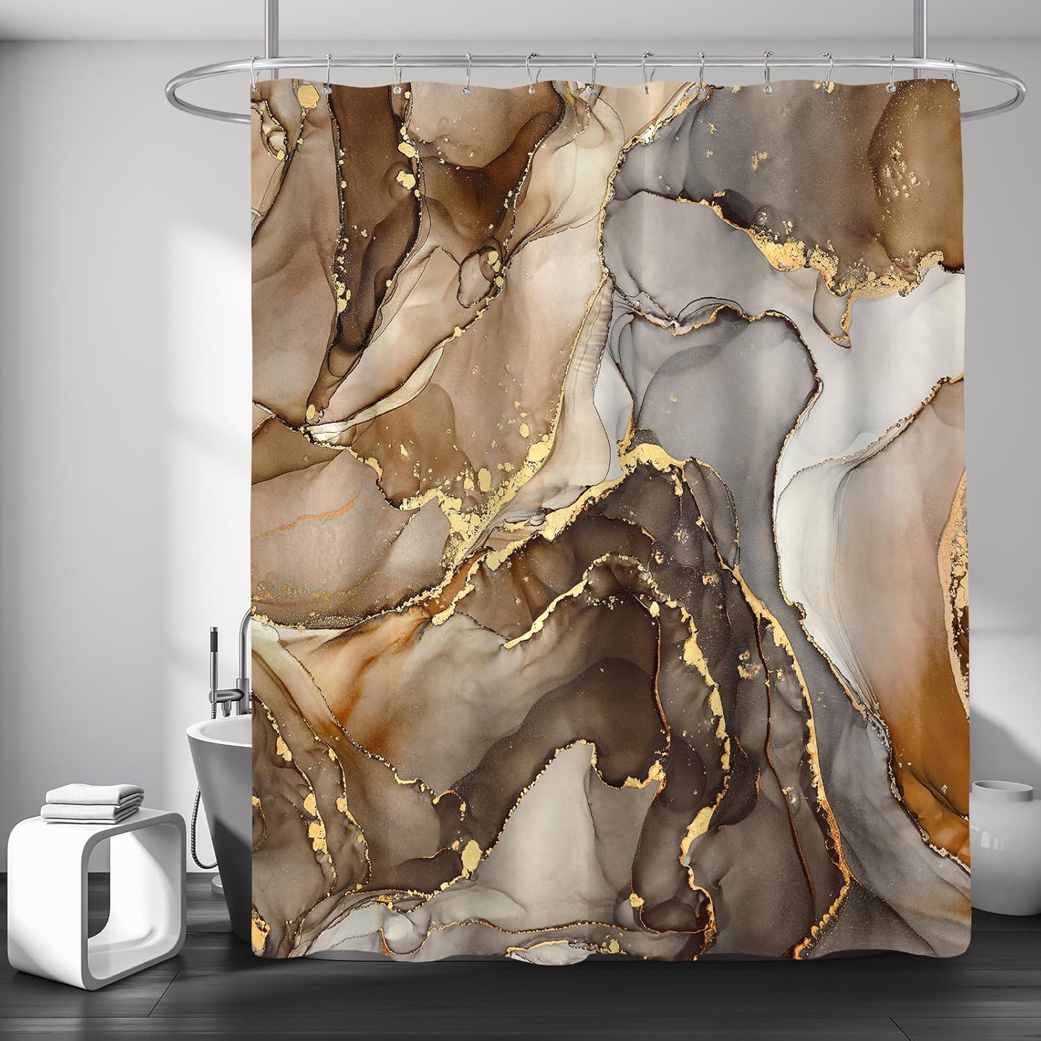 

Коричневая мраморная шторка для душа, Современная абстрактная тканевая шторка для душа для ванной комнаты, Роскошный арт-декор, Коричнево-золотая текстура чернил, Водоотталкивающая 90x180cm