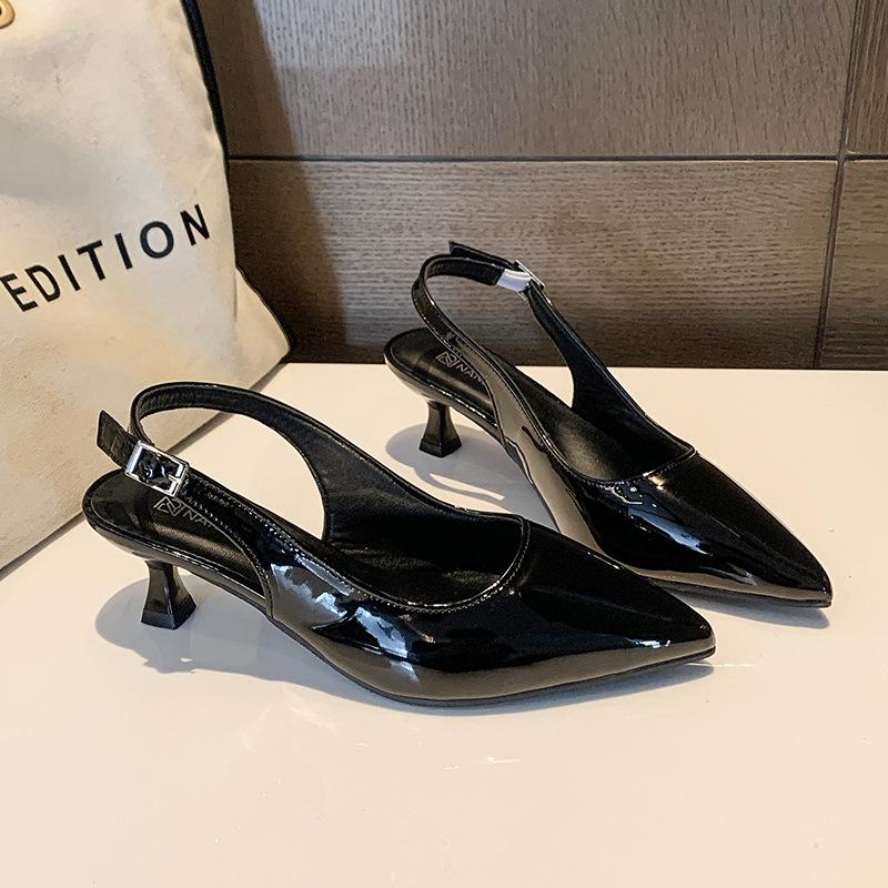 French Lacquer Leather Baotou Sandals for Women 2025 Summer New Versatile Fine Heel Pointed High Heels Mary Jane Shoes Slides 43