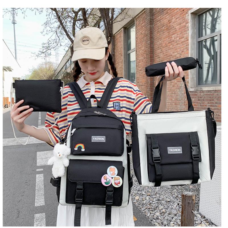 4pcs Primary School Backpack Secondary School Backpack Men's  Women's 4-piece Set Solid Color Large Capacity Waterproof Casual  Fashionable Backpack