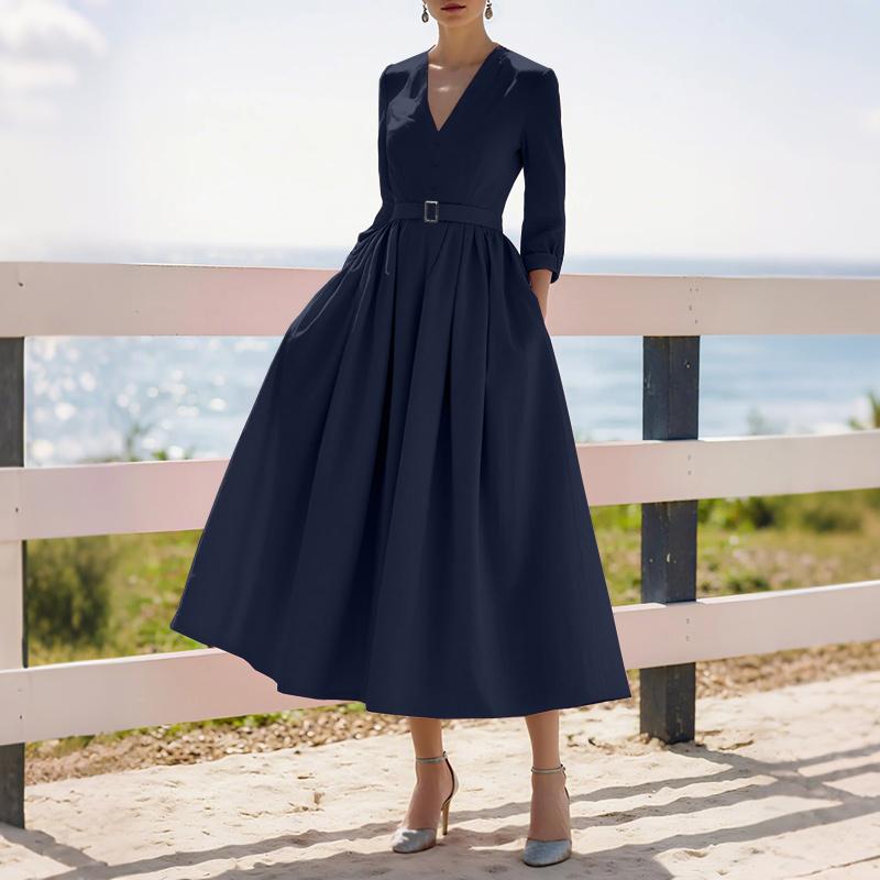 ZANZEA Abito Lungo Casual Elegante da Donna con Scollo a V, Colore Unito, Manica 3/4