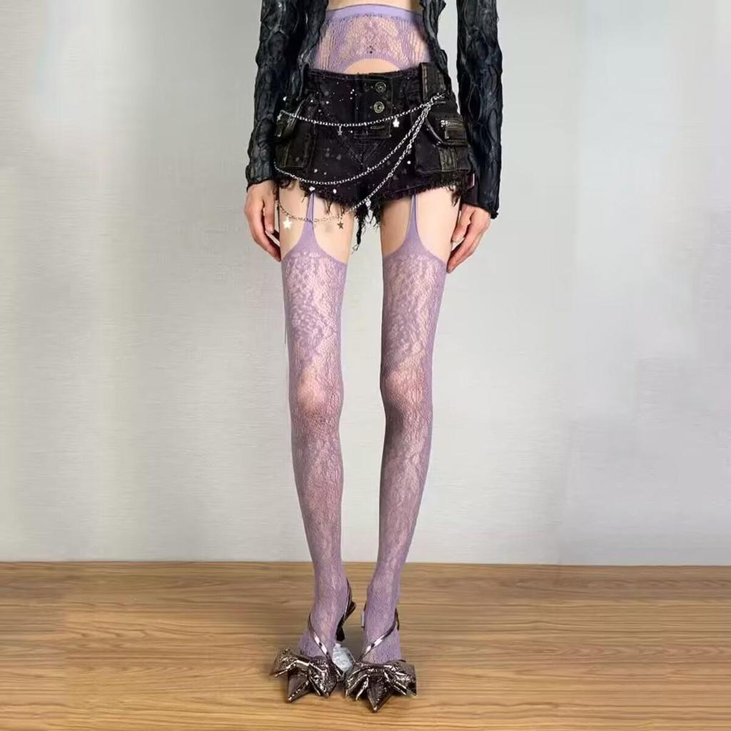 Retro Floral Jacquard Fishnet Stockings, Y2K Black Anti-Snag Stockings for Women