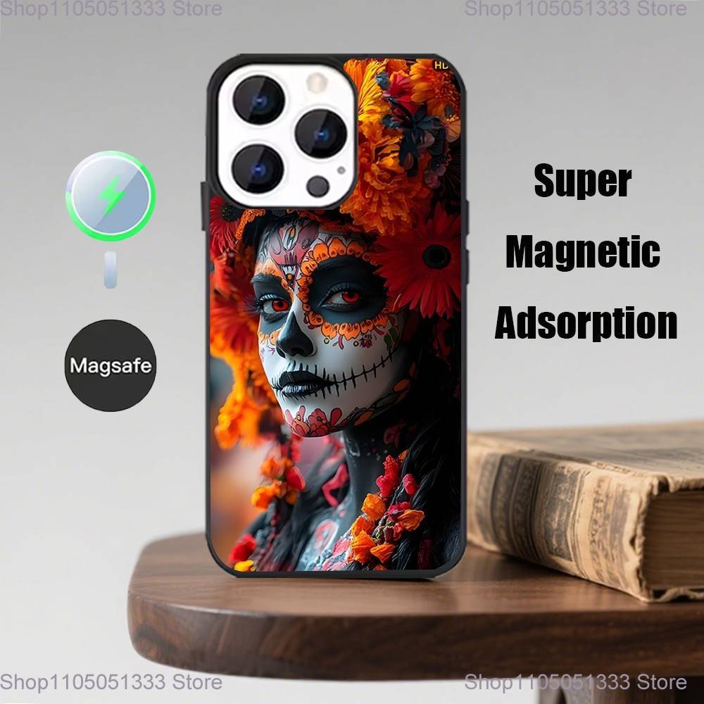 Day of the Dead Mexican Catrina Skull Phone Case  For iPhone 17,16,15,14,13,Pro,Max,Plus,Magsafe,Magnetic Wireless Charging Case