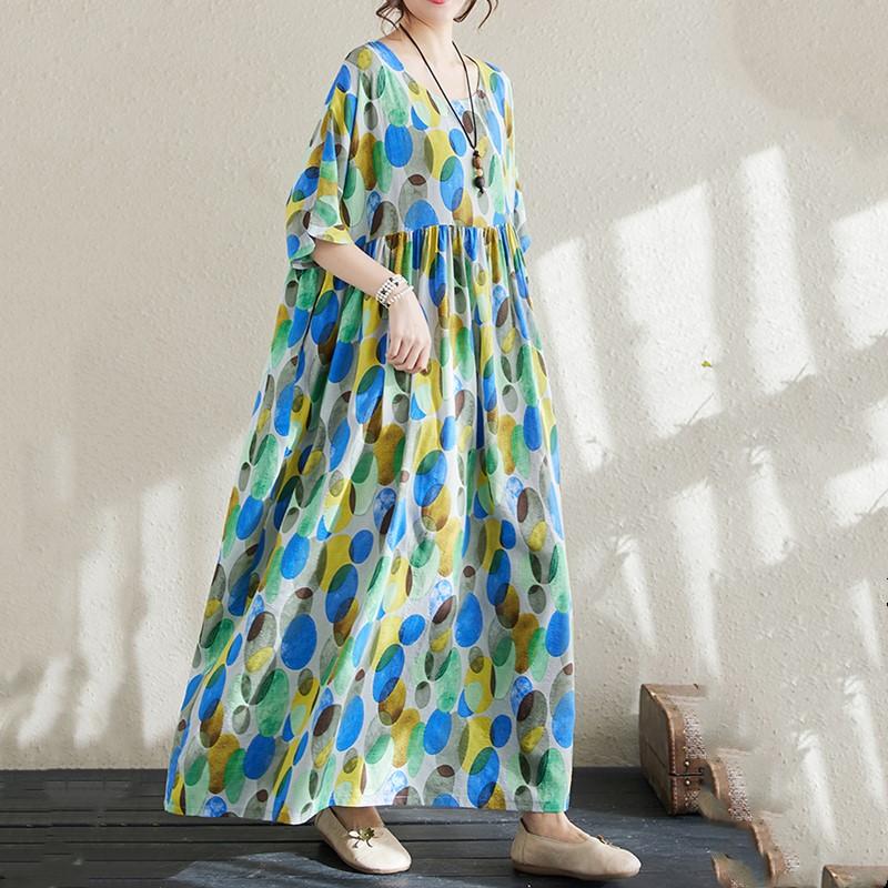 Short Sleeve Plus Size Cotton Vintage Polka Dot New In Dresses for Women Casual Loose Long Summer Dress