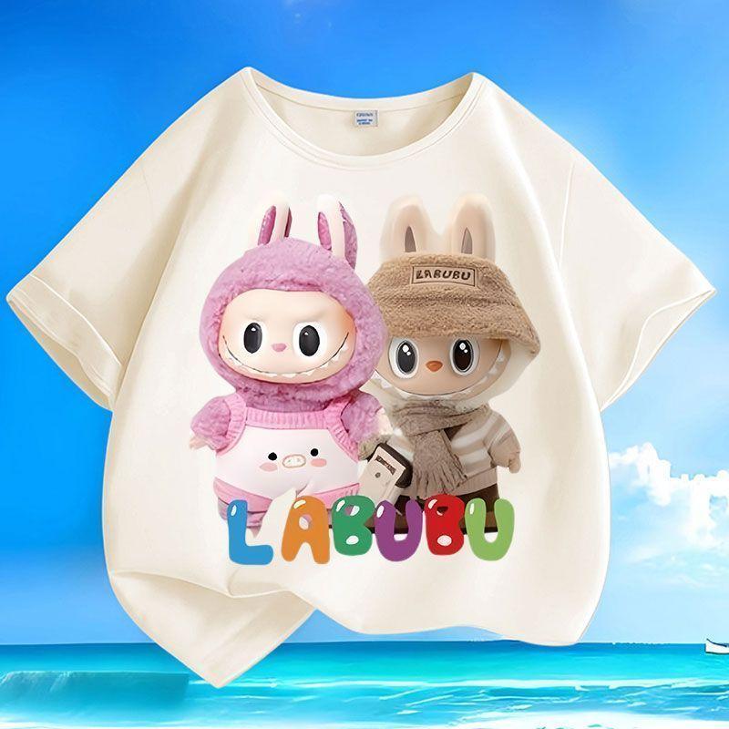 

Summer Labubu Cute Boys and Girls Round-neck Casual Loose T-shirts, Children s Tops, Pure Cotton Short-sleeved Shirts 150