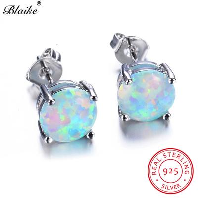 100 % 925 Sterling Silver Vit Fire Opal örhängen för kvinnor Fina smycken 8MM runda stenstift Birthstone örhängen