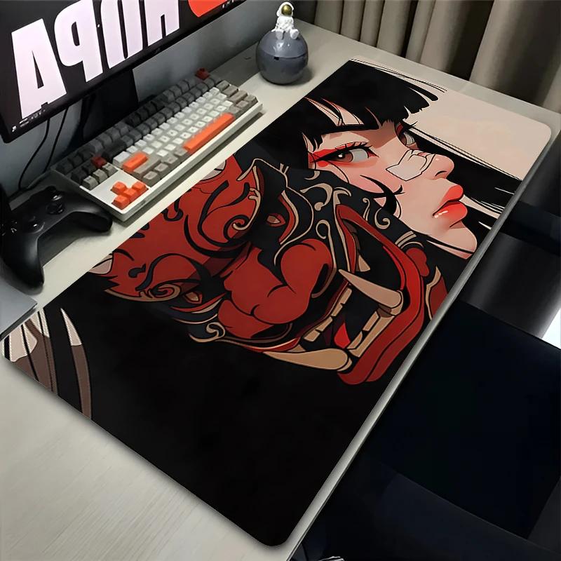 Mouse Pad PC Anime Sexy Girls Keyboard Rug Black and White Manga Mousepad Laptop Gaming Desk Mat XXL Devil Oni Mask Soft Carpet