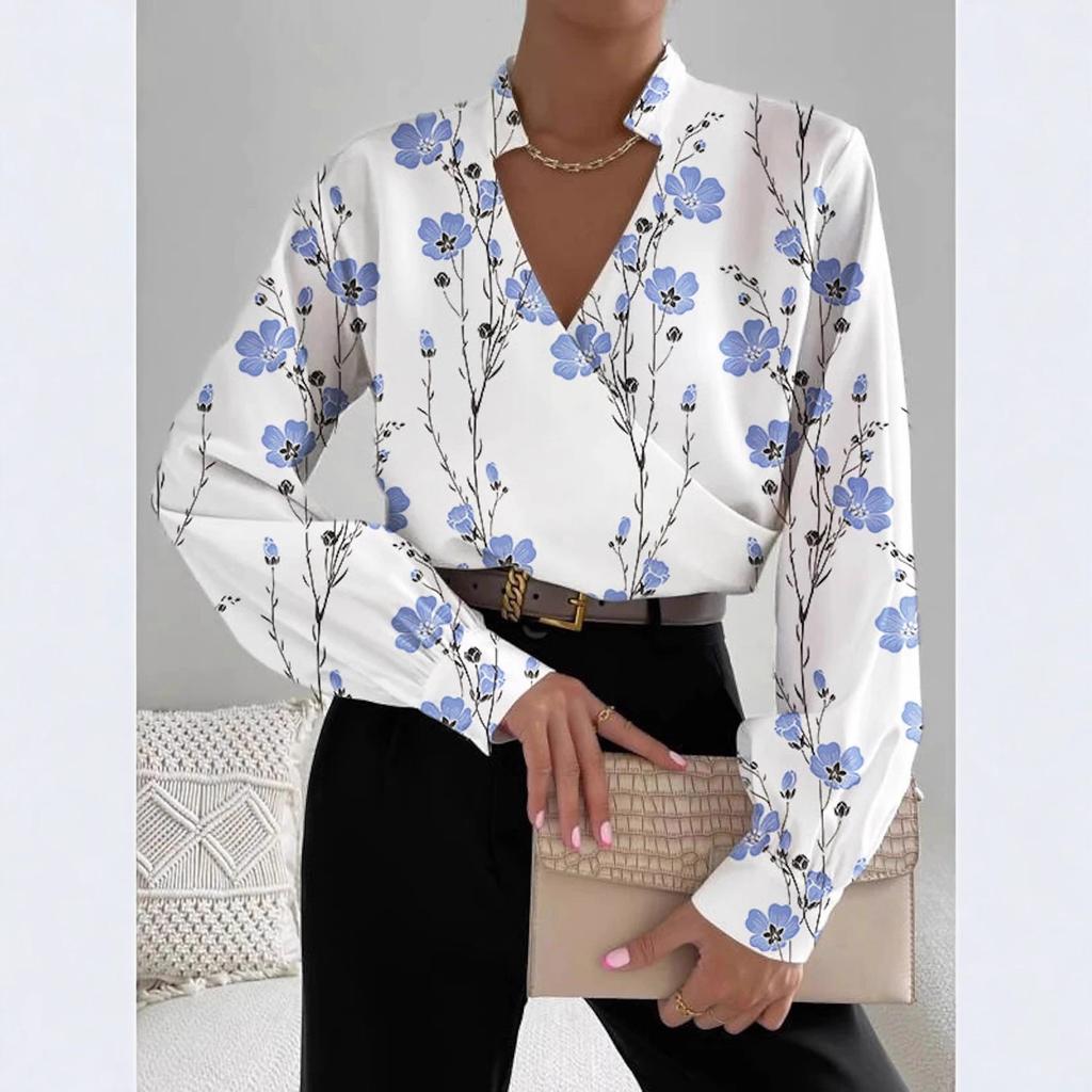 Autumn new product long-sleeved V-neck splicing shirt shirt women