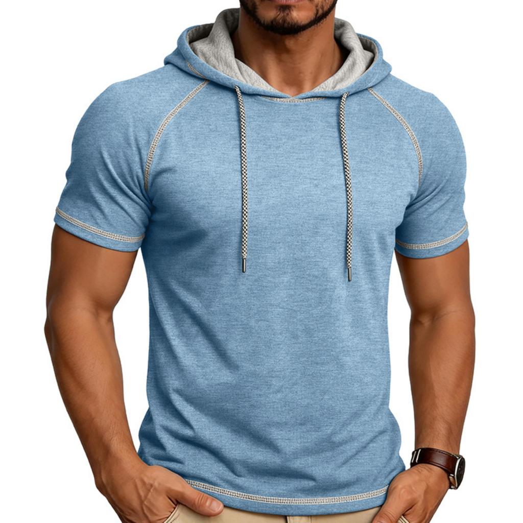 Camiseta de Manga Corta con Capucha para Hombre Casual Pullover Ligera Manga Raglán Sudadera con Cordón Ajuste Atlético Top de Verano
