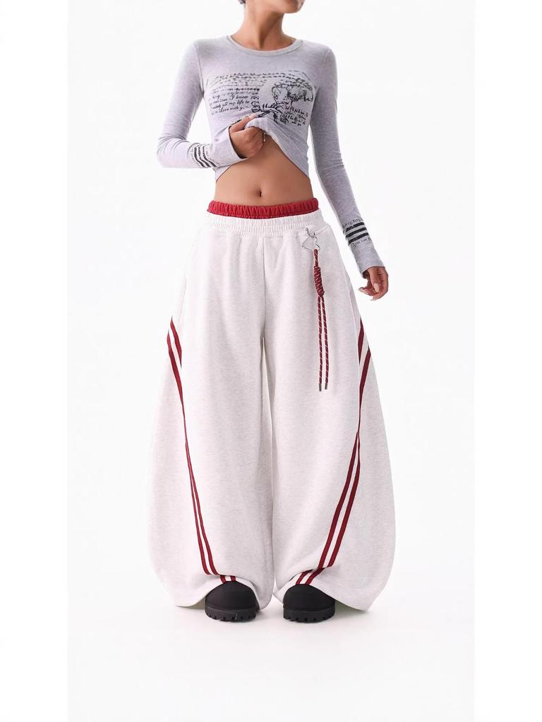 Women's Hip Hop Color Block Striped Sweatpants - Double Waistband, Baggy Fit for Spring/Autumn