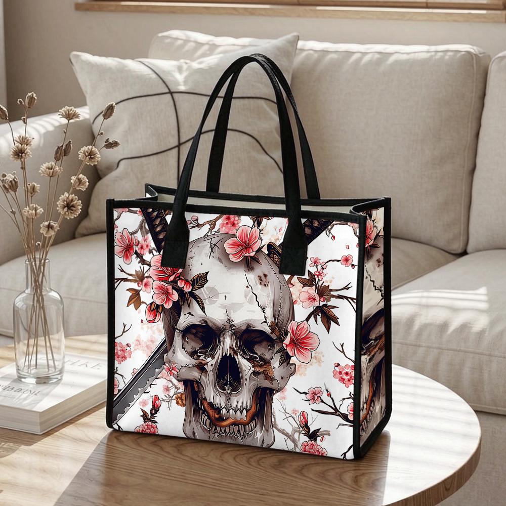 Skull Cherry Blossom Print Casual Tote Bag Fashion Daily Portable Shoulder Bag for Streetwear