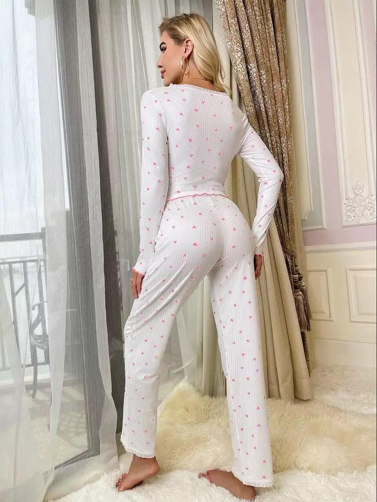 European and American Heart V-Neck Long Sleeve Pajama Set for Women - Indoor/Outdoor Wear
