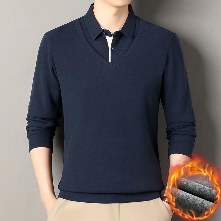 Tricou casual cu mânecă lungă pentru bărbați, aspect two-piece, amestec de lână, cu guler de flanelă