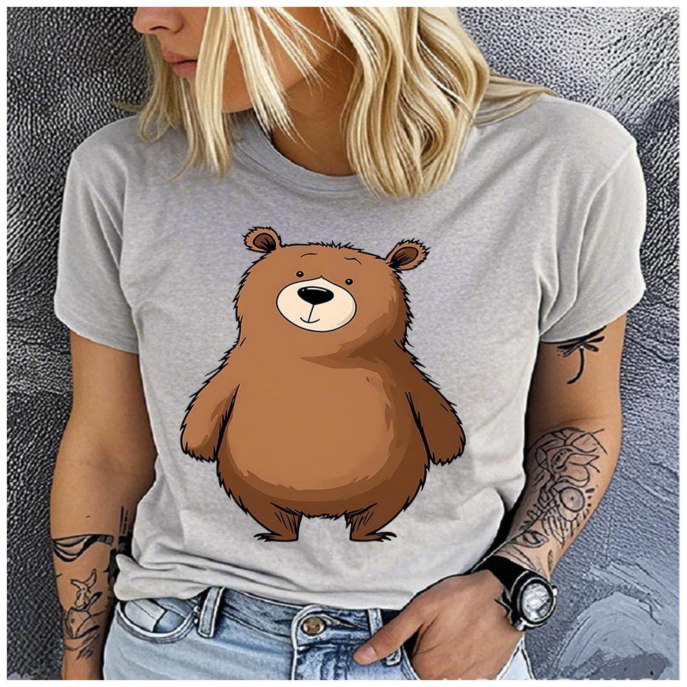 Unisex Soft Cute Cartoon Brown Bear Print Loose round Neck Casual Short Sleeve T-Shirt 100% Polyester Fashion Top for Summer