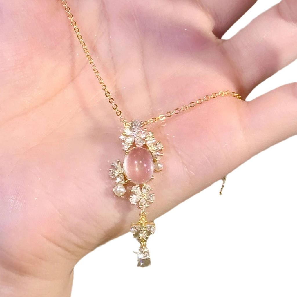Vintage Royal Light-Luxury Pink Crystal-Inlaid Zircon Copper Electroplated Necklace Dreamy Flower High-End Drape-Style Pendant