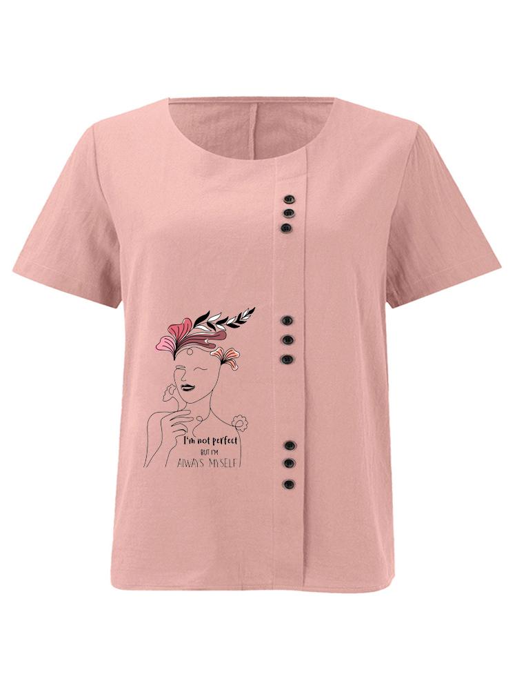 Women s Fashion Ladies  Alphabet Print Round Neck Short Sleeve T-shirt Summer Casual Cotton Linen Graphic Shirt Leisure Loose Blouse Tops S