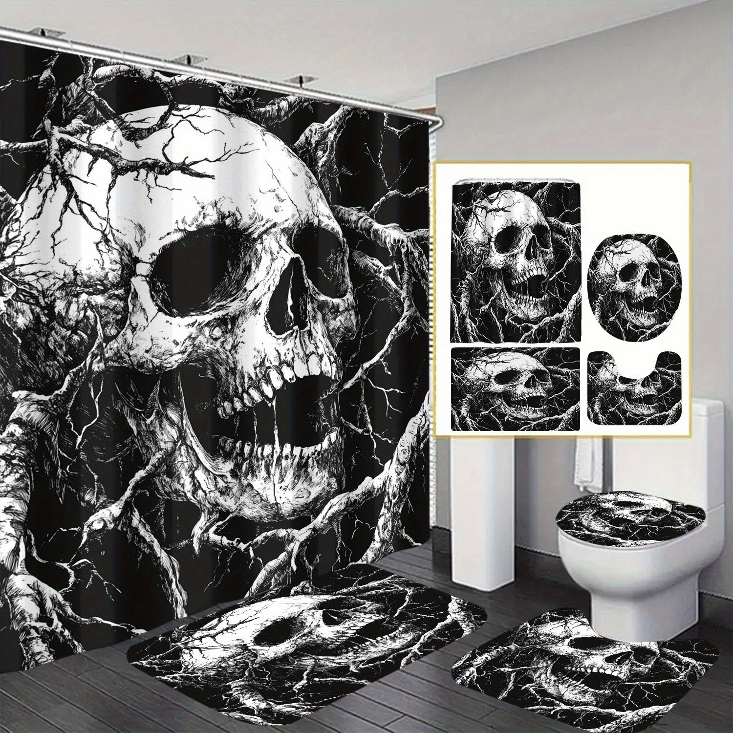 

4Pcs Skull Bathroom Set - Gothic Shower Curtain, Toilet Cover & Mats, Bold Black & White Design For Edgy Home Decor W120xH180cm