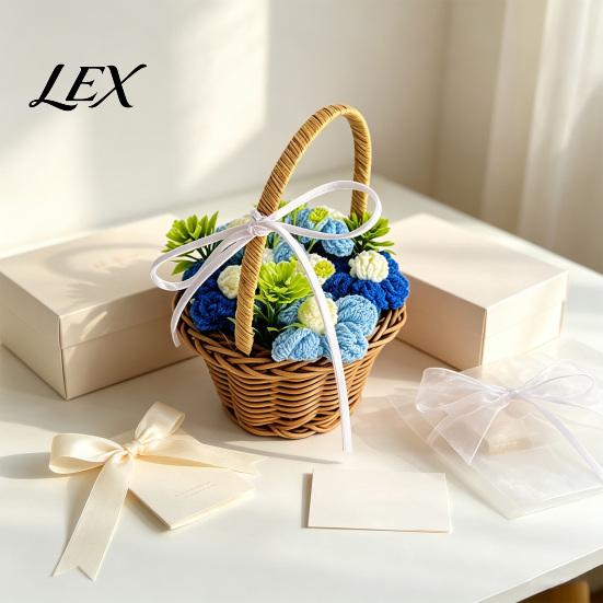 Gift for Chinese Valentine's Day Hand Knitted Wool Flower Basket, Decorative Mini Crocheted Floral with Small Woven Basket Photos Ribbon, Plant