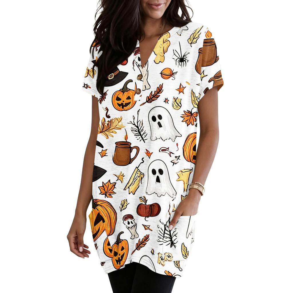 Women’s V Neck Pullover Short Sleeve Top with Halloween Themed Pumpkin and Bat Print Loose Fit Tunic with Pocket Design