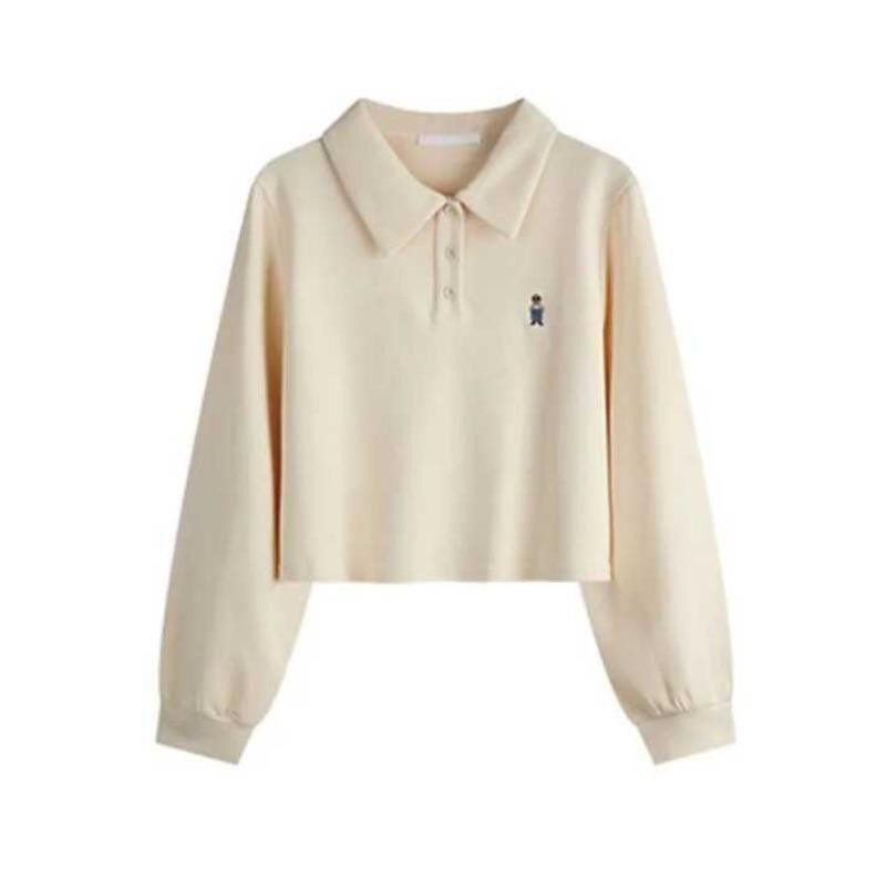 Short Plo Neck Sweater Women's Morning New Thin Loose Student Versatile High Waist Top