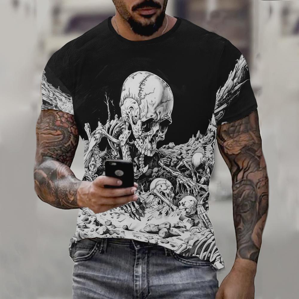 Letní pánské tričko Vintage Skull Tričko s 3D potiskem Street Ležérní Hip Hop Crew Krk Oversized Harajuku Top s krátkým rukávem