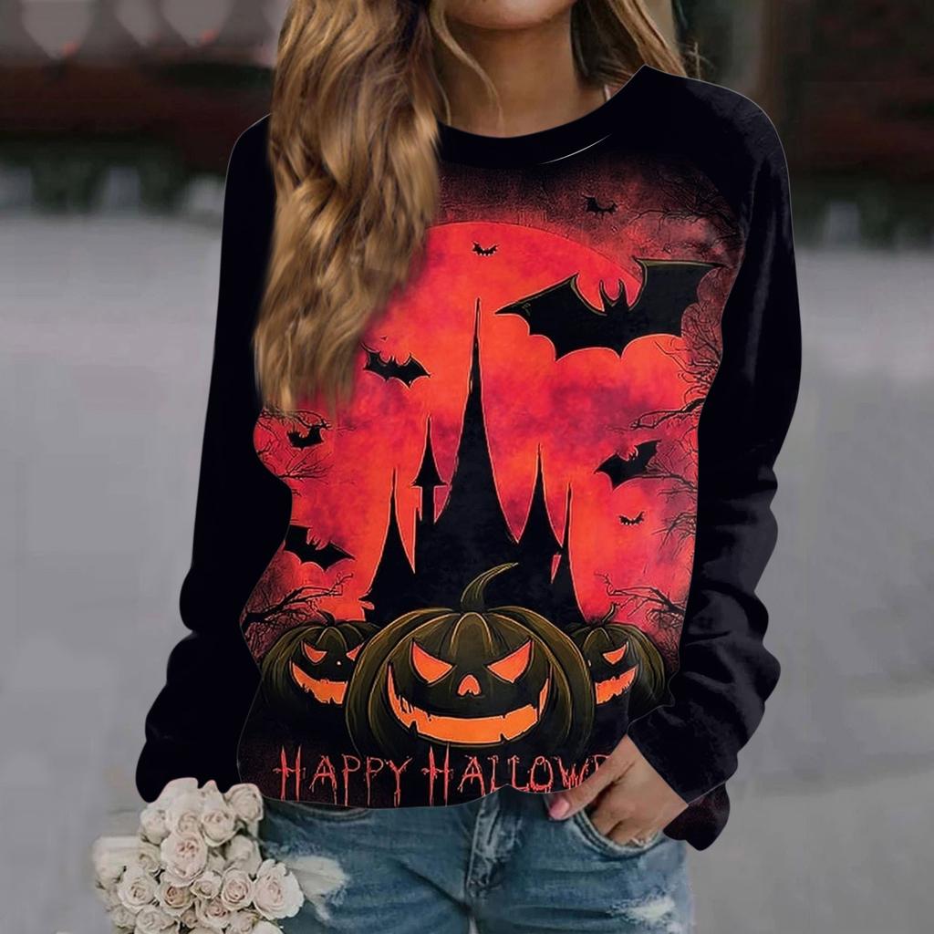 Women's Fashion Casual Long Sleeve Halloween Printed Round Neck Sweater Top