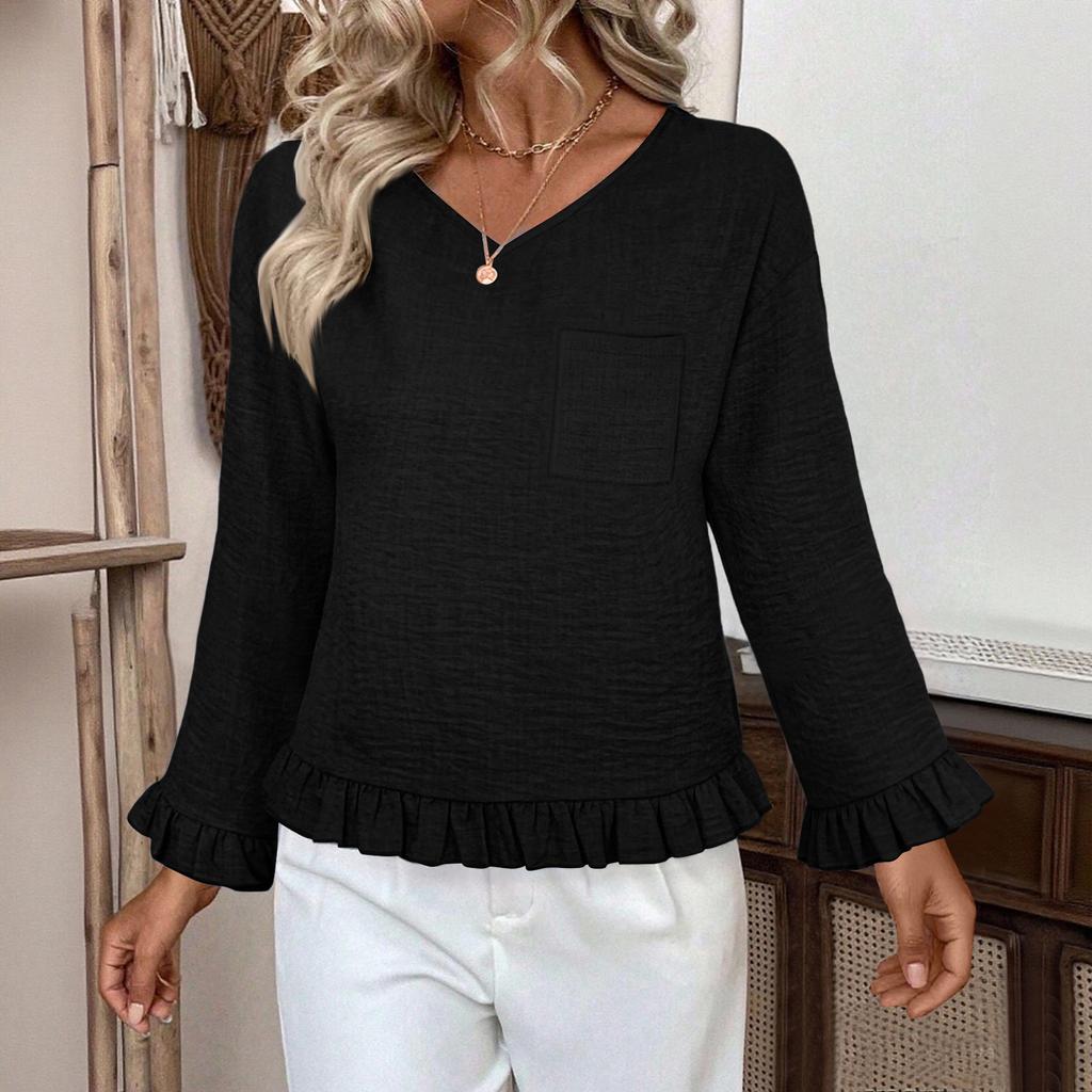 Women's Casual Fashion Ruffle V-Neck Pocket Solid Color Long Sleeve Top